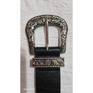 No Boundaries Western-Style Black Faux Leather Belt With Ornate Silver Buckle &